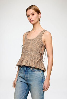 Ganni Camel Smocket Tie Top