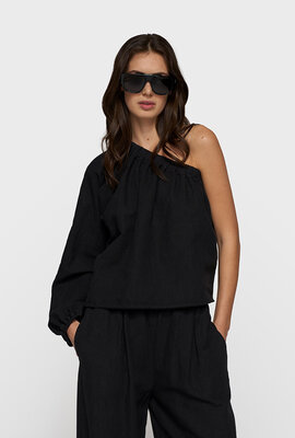 10Days Schwarzes One-Shoulder-Top aus Leinen