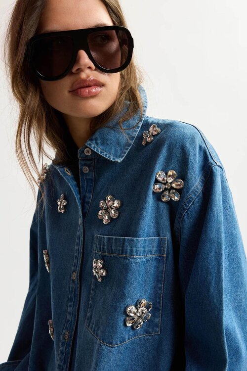 Essentiel Antwerp Jeanshemd mit Strass blau