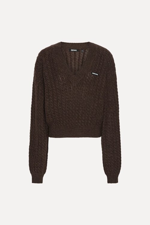 Rotate Kabelpullover V-Ausschnitt Braun