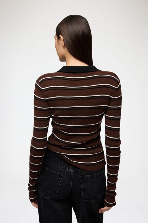 Ganni Polohemd Streifen Merino Braun