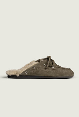 Posa Khaki Bootsschuh Loafer Mule Fell Wildleder