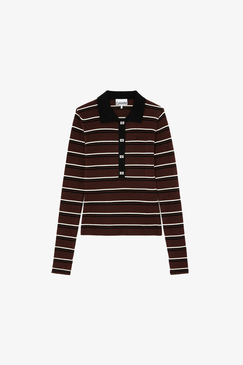 Ganni Poloshirt gestreift Merino braun