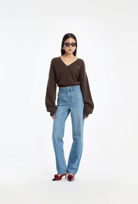 Rotate Kabelpullover V-Ausschnitt Braun