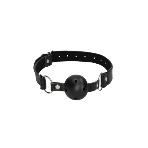Mouth Gag with Perforated Ball and Leather Strap Adjustable Black