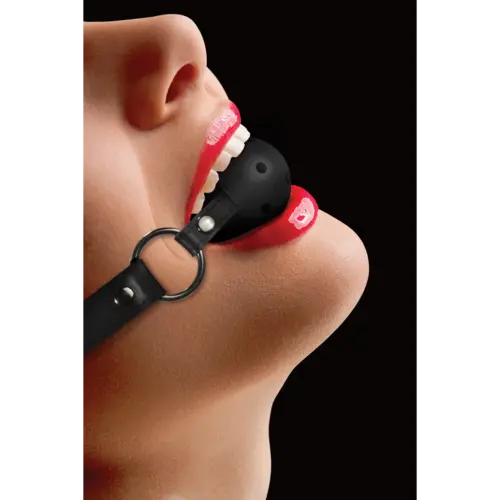 Mouth Gag with Perforated Ball and Leather Strap Adjustable Black