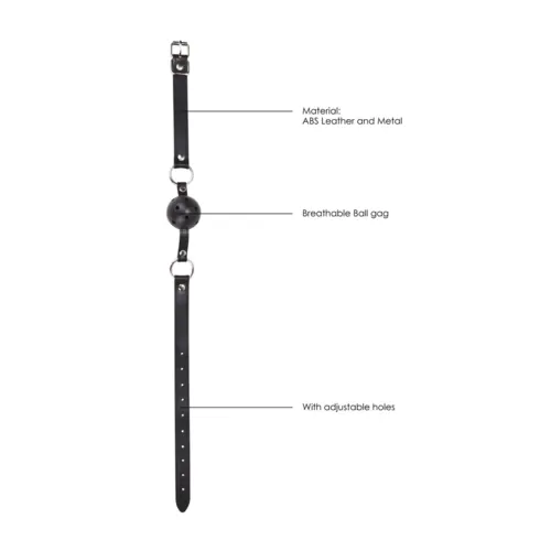 Mouth Gag with Perforated Ball and Leather Strap Adjustable Black