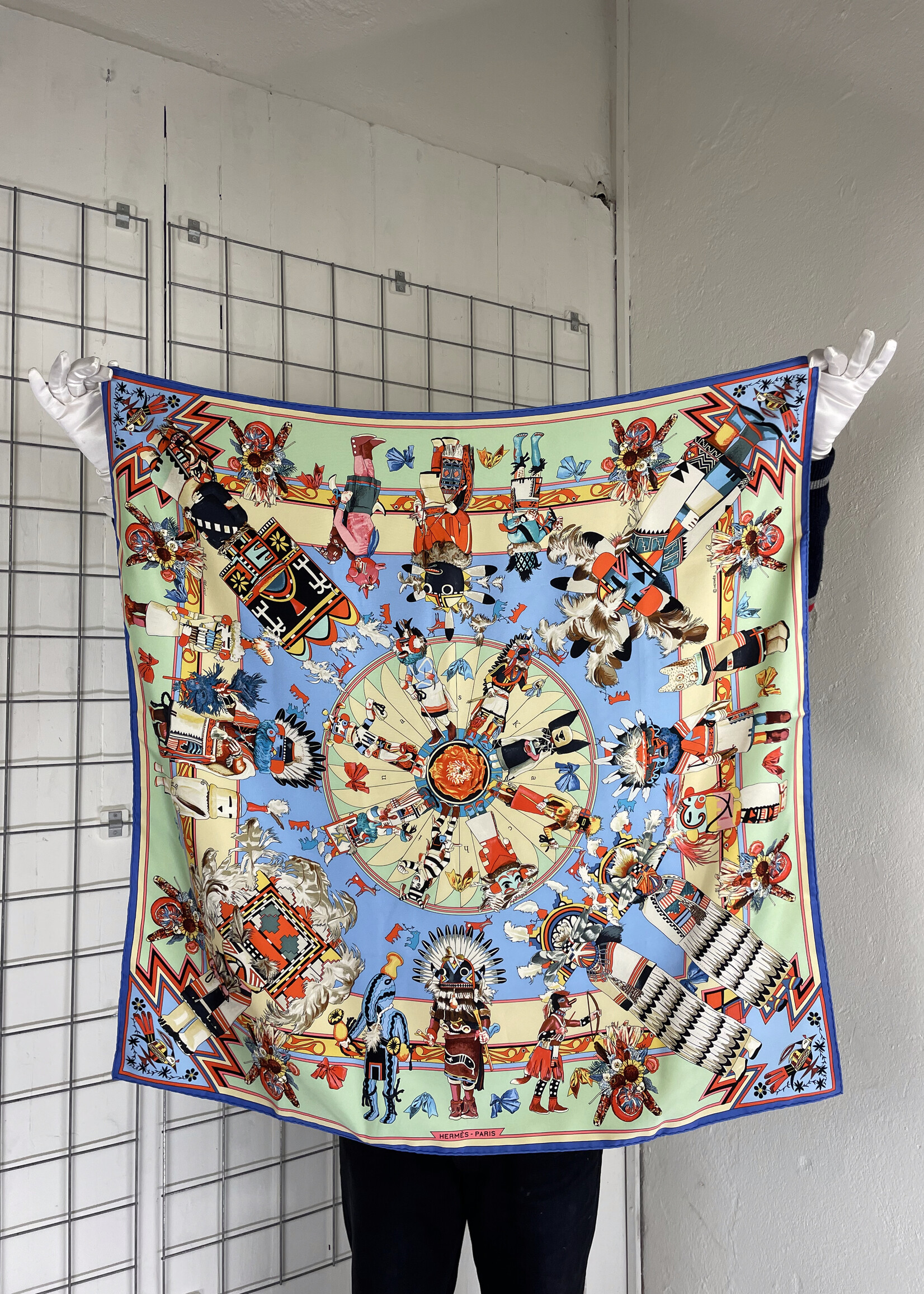 Kachinas Hermes native American silk scarf by Kermit Oliver