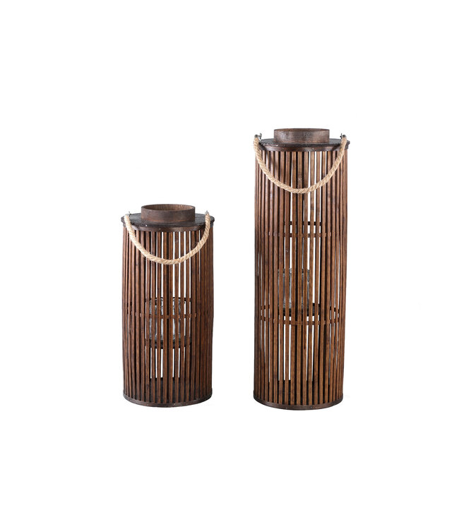 PTMD Zafria Brown round bamboo lantern with glass L