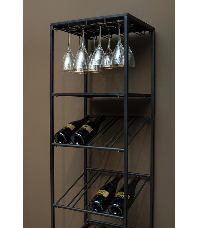 PTMD Zalig Zwart ijzeren wijnrek glazen en flessen rechthoekig.