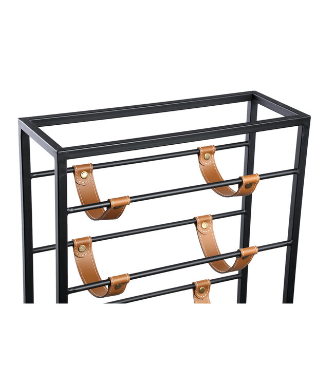 PTMD Kyrann Zwarte rechthoekige ijzeren wijnrek met leer.