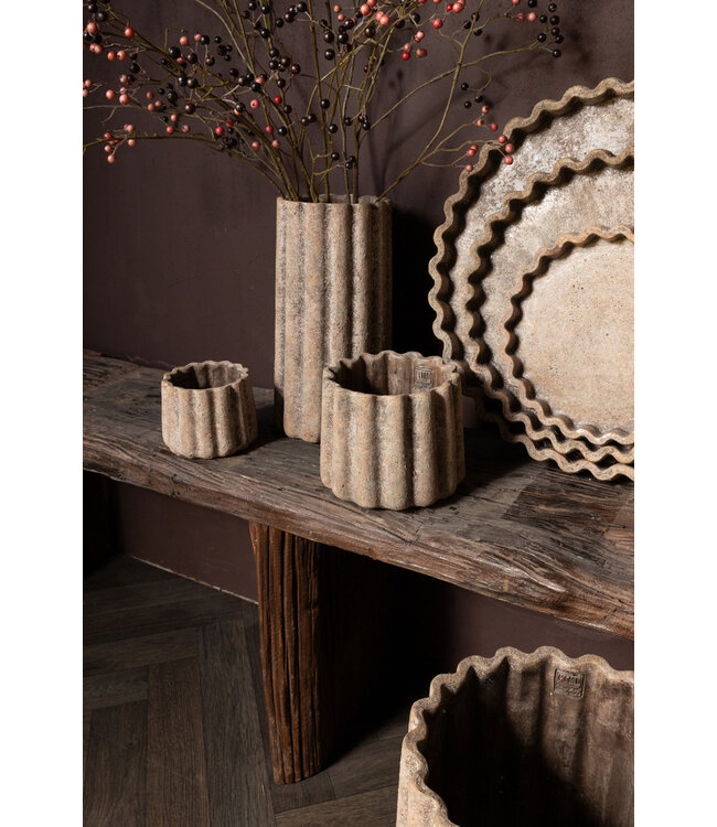 PTMD Jaydean Grey cement pot met geribbelde structuur hoog L