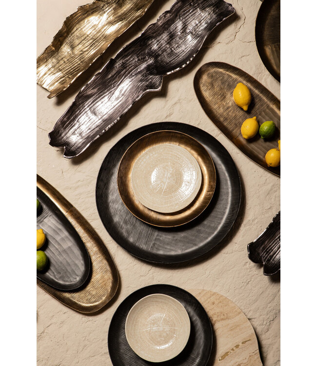 PTMD Jowad Antiek Gouden aluminium schaal met geribbelde ovale L.