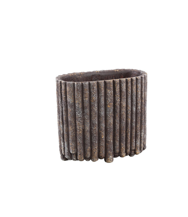 PTMD Morganne Brown ovale cementen pot met geribbelde lijnen M