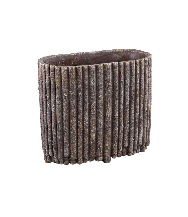 PTMD Morganne Brown ovale cementen pot met geribbelde lijnen.