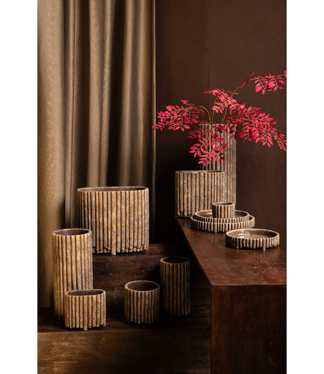 PTMD Morganne Brown ronde cementen pot geribbeld hoog M