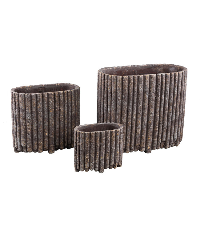 PTMD Morganne Brown ovale cementen pot met geribbelde lijnen M