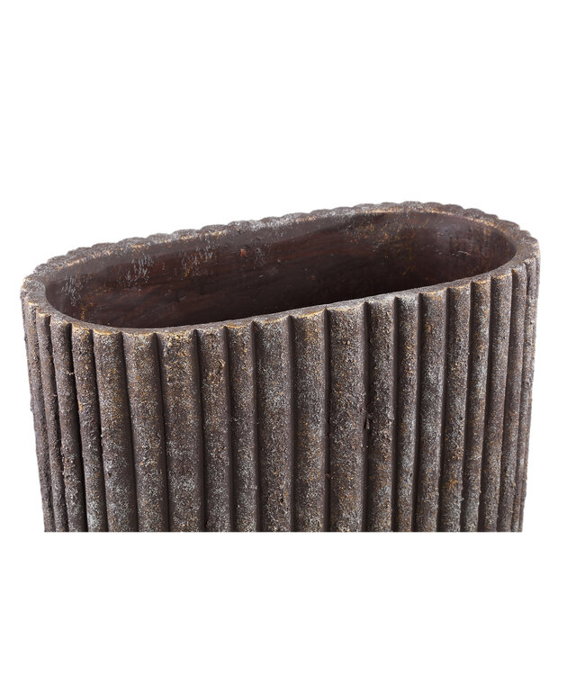 PTMD Morganne Brown ovale cementen pot met geribbelde lijnen.