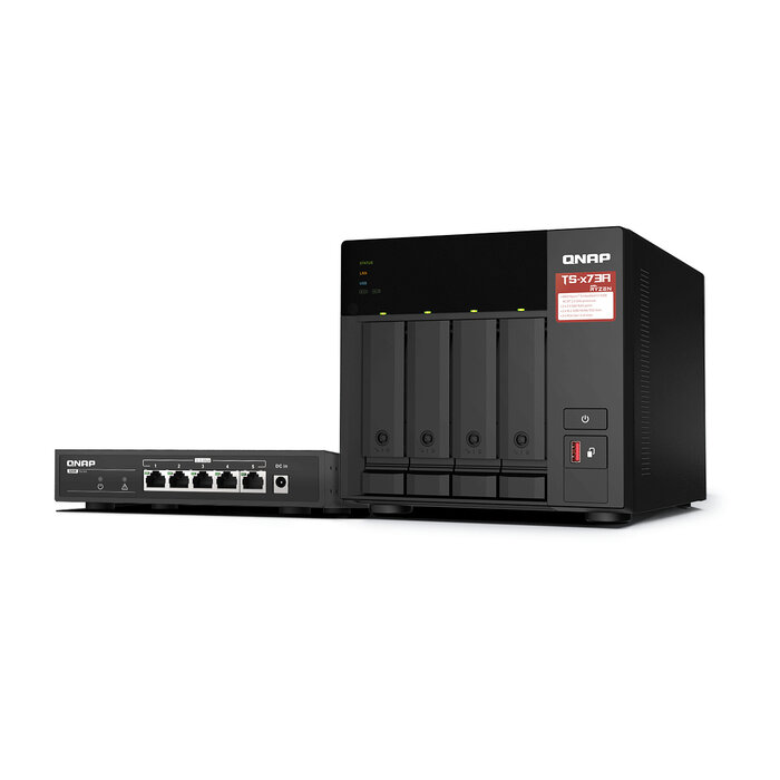 QNAP QNAP TS-473A + QSW-1105-5T Bundle Pack NAS Tower Ethernet LAN Zwart V1500B