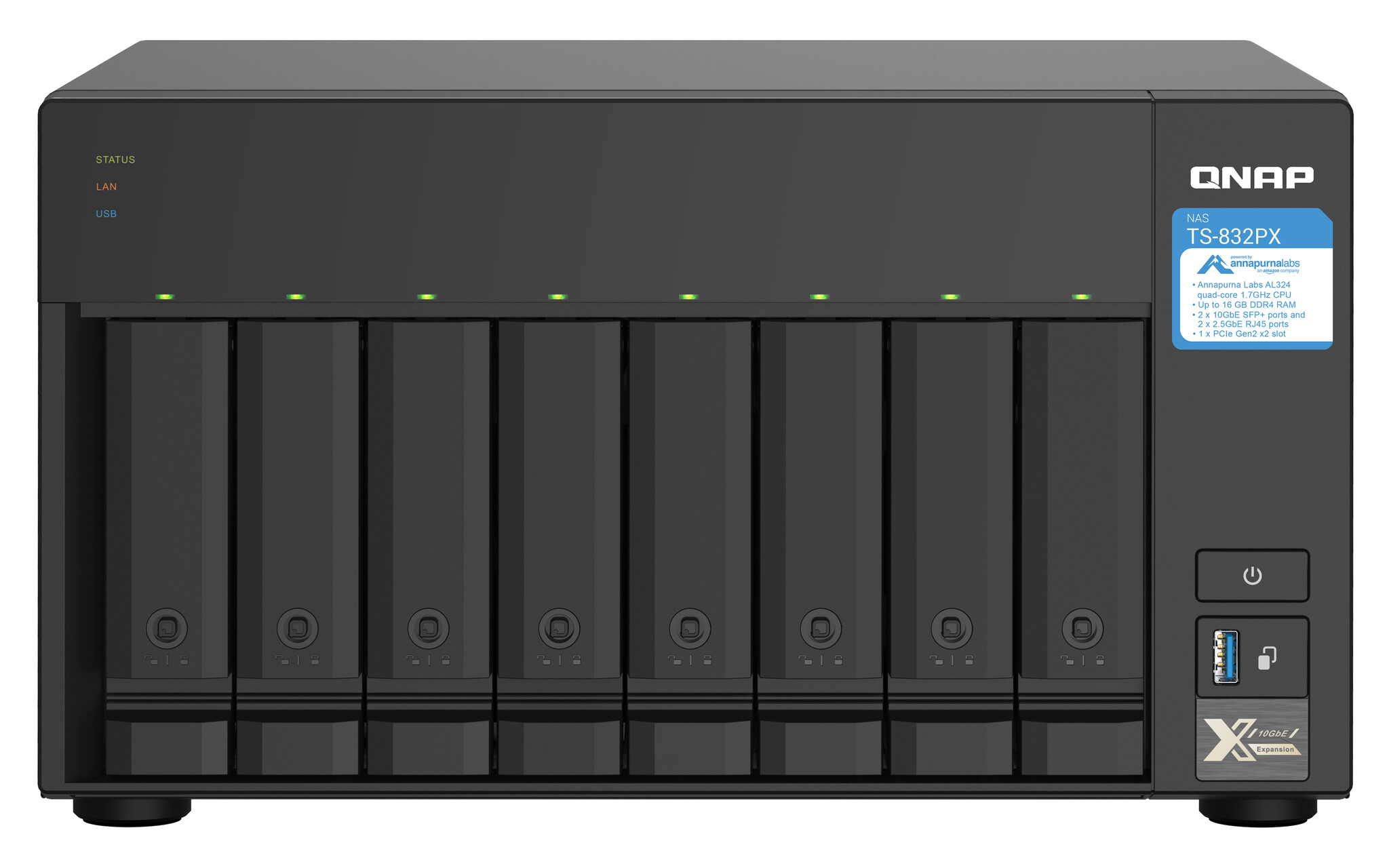 QNAP QNAP TS-832PX NAS Tower Annapurna Labs AL324 4 GB DDR4 0 TB QNAP Turbo System Aluminium, Zwart