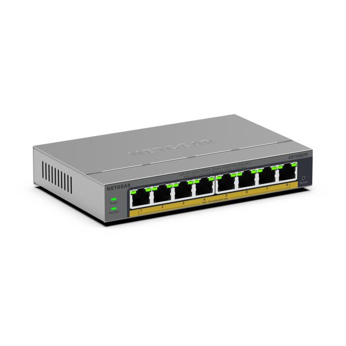 Netgear NETGEAR GS108EPP Unmanaged Gigabit Ethernet (10/100/1000) Power over Ethernet (PoE) Bureaublad-/wandmontage Grijs