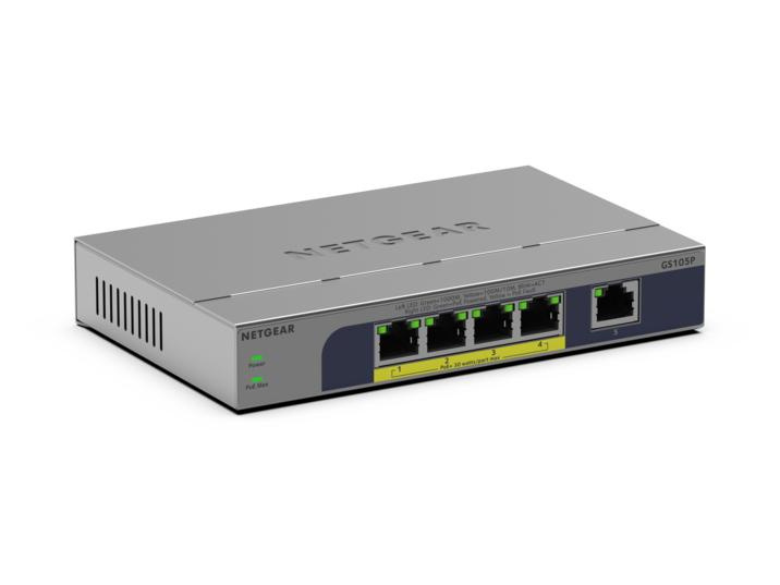Netgear NETGEAR GS105P Unmanaged Gigabit Ethernet (10/100/1000) Power over Ethernet (PoE) Bureaublad-/wandmontage Grijs
