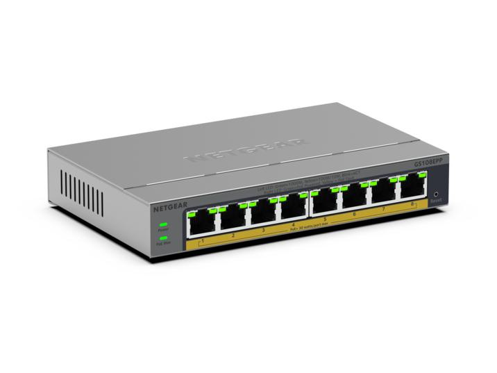 Netgear NETGEAR GS108EPP Unmanaged Gigabit Ethernet (10/100/1000) Power over Ethernet (PoE) Bureaublad-/wandmontage Grijs
