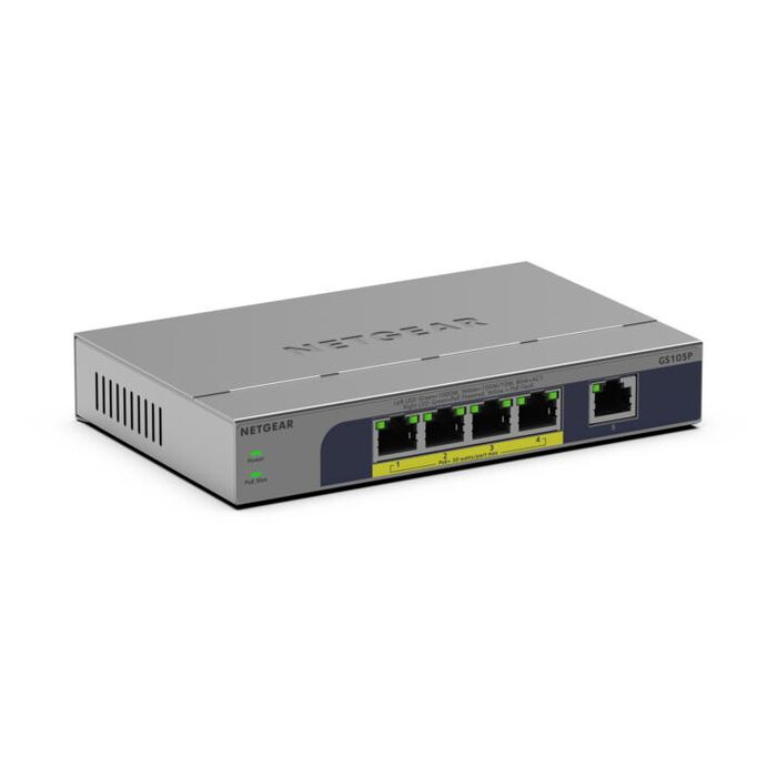 Netgear NETGEAR GS105P Unmanaged Gigabit Ethernet (10/100/1000) Power over Ethernet (PoE) Bureaublad-/wandmontage Grijs