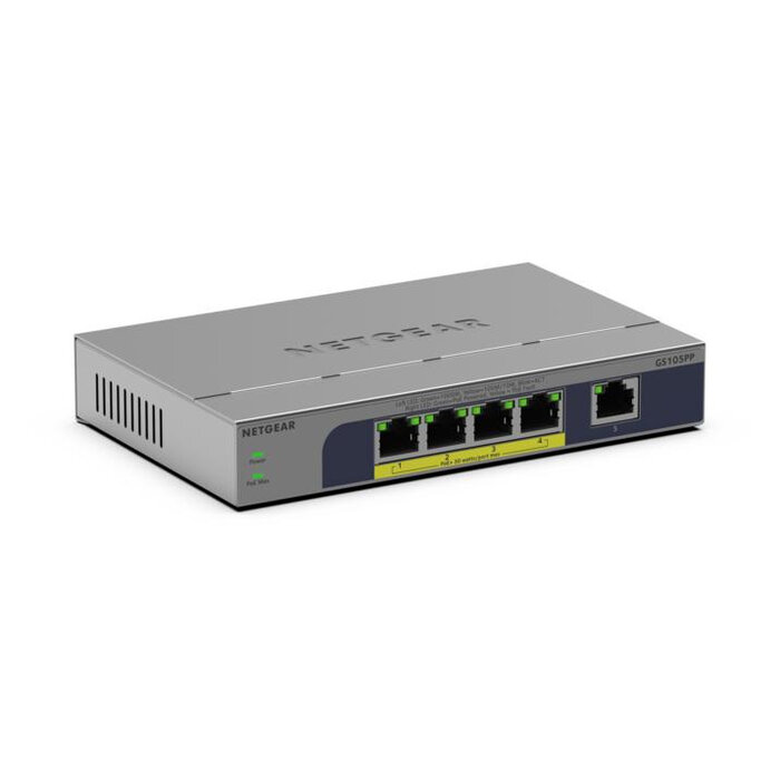 Netgear NETGEAR GS105PP Unmanaged Gigabit Ethernet (10/100/1000) Power over Ethernet (PoE) Bureaublad-/wandmontage Grijs