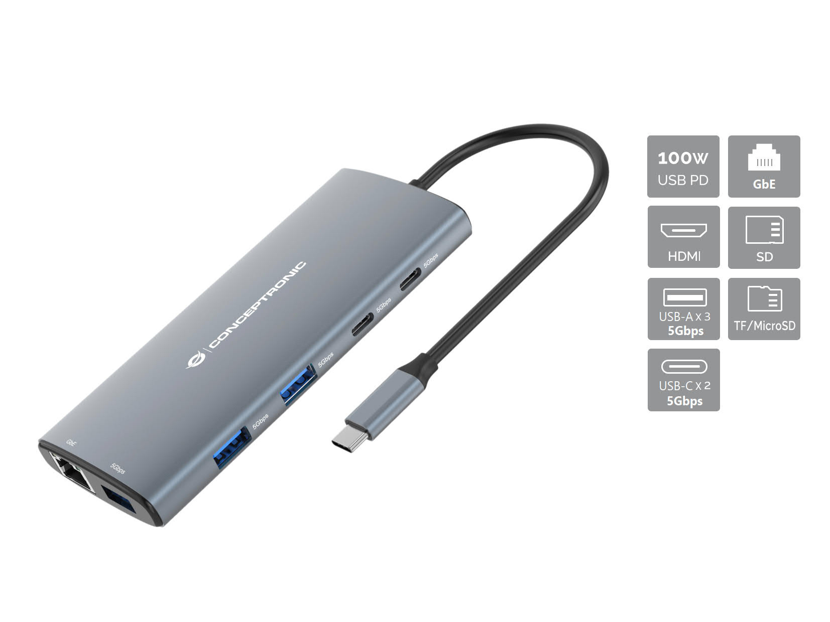 Conceptronic Conceptronic DONN06G Bedraad USB 3.2 Gen 1 (3.1 Gen 1) Type-C Grijs