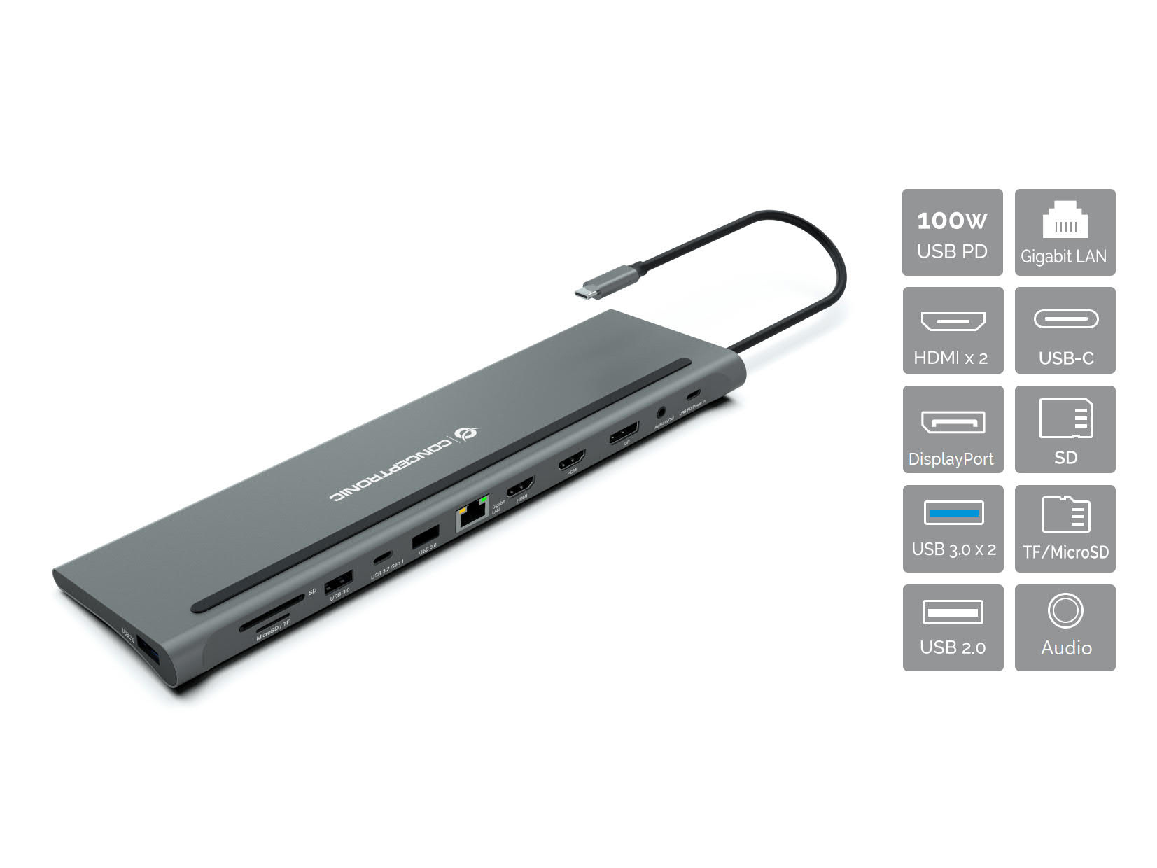 Conceptronic Conceptronic DONN17G laptop dock & poortreplicator Bedraad USB 3.2 Gen 1 (3.1 Gen 1) Type-C Grijs