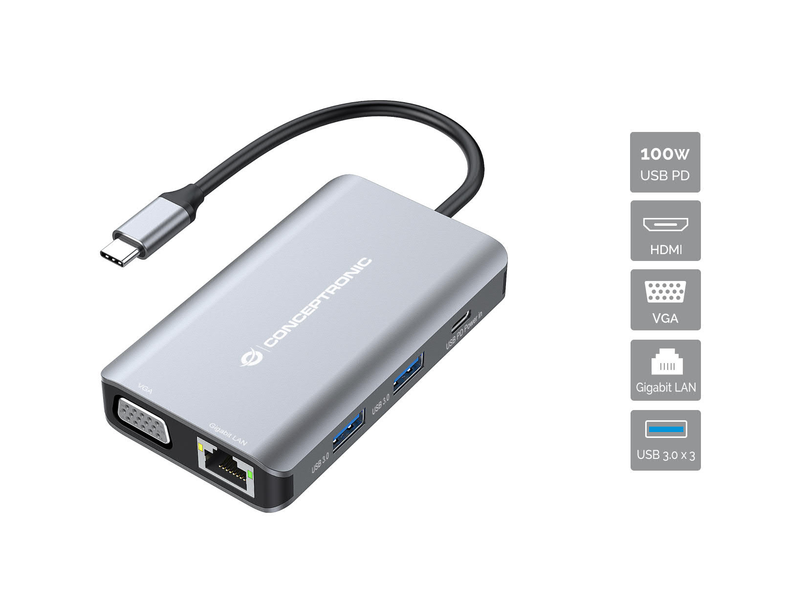 Conceptronic Conceptronic DONN21G laptop dock & poortreplicator Bedraad USB 3.2 Gen 1 (3.1 Gen 1) Type-C Grijs