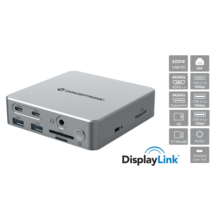 Conceptronic Conceptronic DONN25G laptop dock & poortreplicator Bedraad USB 3.2 Gen 2 (3.1 Gen 2) Type-C Zilver