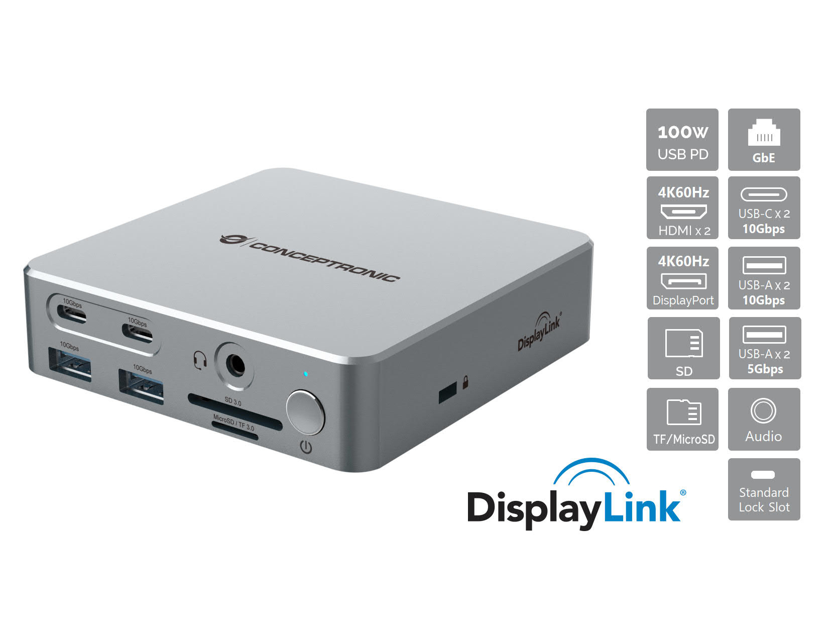 Conceptronic Conceptronic DONN25G laptop dock & poortreplicator Bedraad USB 3.2 Gen 2 (3.1 Gen 2) Type-C Zilver