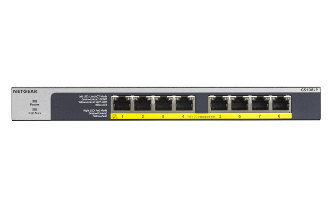 Netgear NETGEAR GS108LP Unmanaged Gigabit Ethernet (10/100/1000) Power over Ethernet (PoE) 1U Zwart, Grijs
