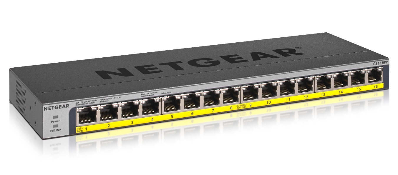 Netgear NETGEAR GS116PP Unmanaged Gigabit Ethernet (10/100/1000) Power over Ethernet (PoE) Zwart