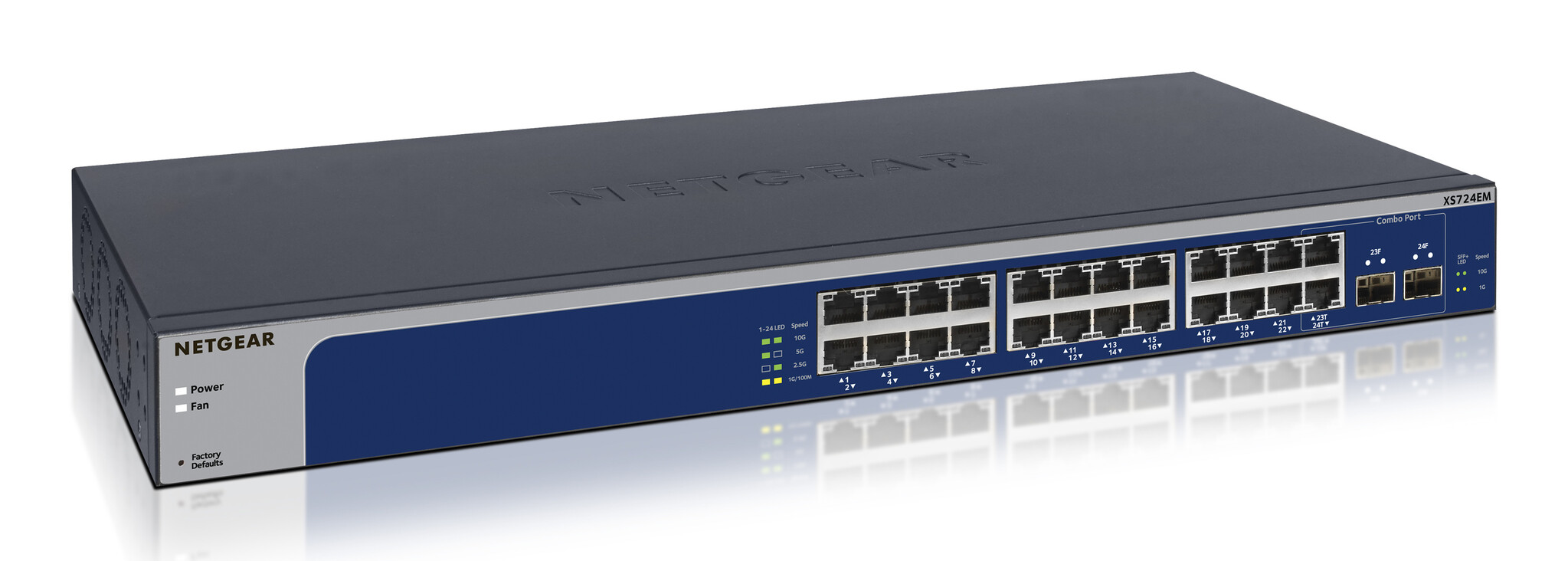 Netgear NETGEAR XS724EM Managed L2 10G Ethernet (100/1000/10000) 1U Blauw, Grijs