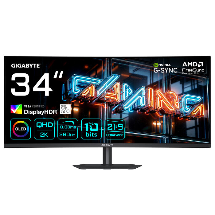 Gigabyte GIGABYTE MO34WQC36 computer monitor 86,4 cm (34") 3440 x 1440 Pixels Wide Quad HD QD-OLED Zwart