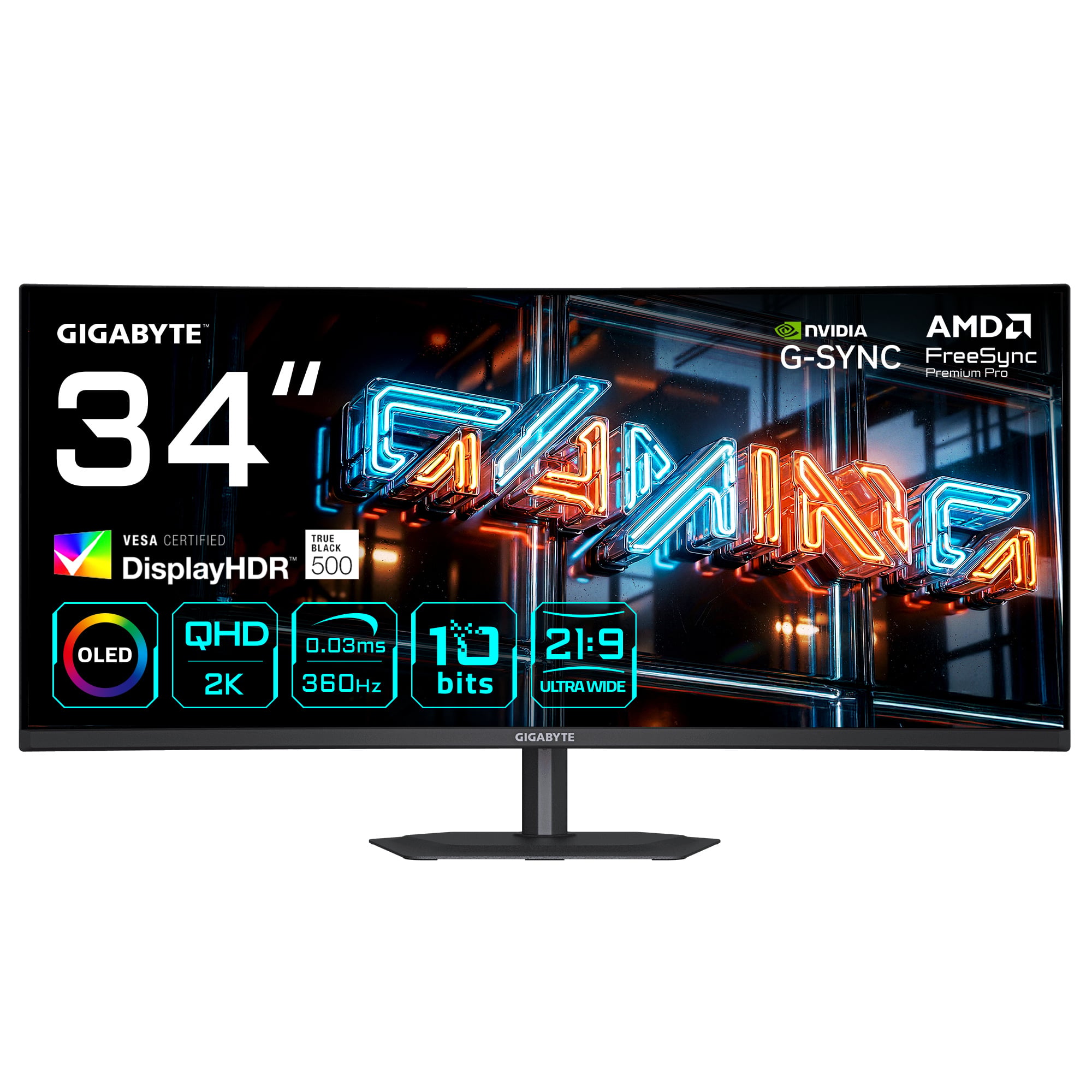 Gigabyte GIGABYTE MO34WQC36 computer monitor 86,4 cm (34") 3440 x 1440 Pixels Wide Quad HD QD-OLED Zwart
