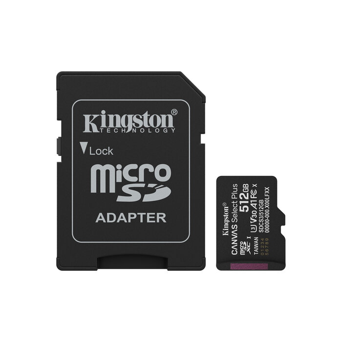 Kingston Kingston Technology 512GB microSDXC Canvas Select Plus Gen3 150MB/s A1 kaart + adapter