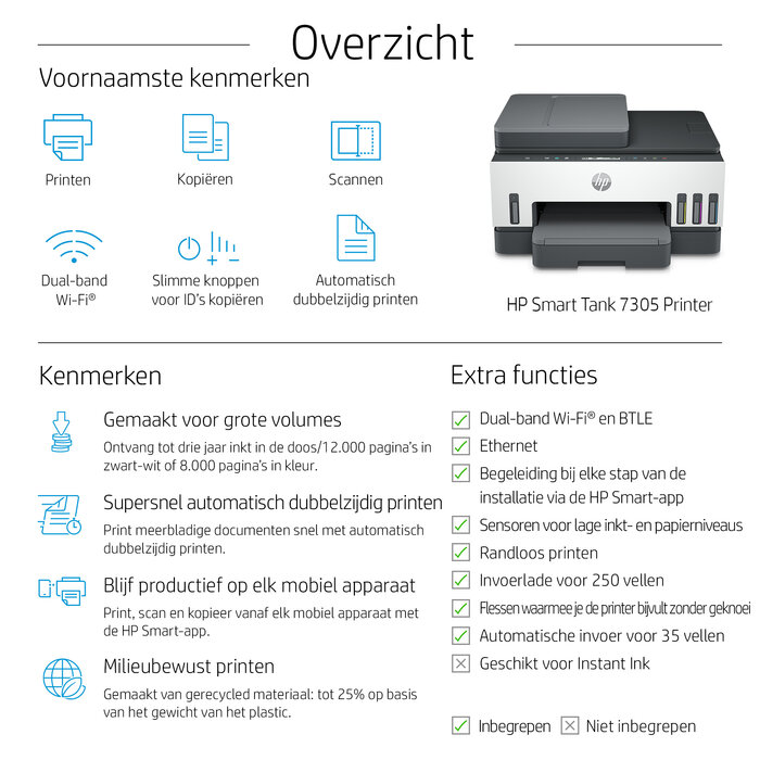 Hewlett & Packard INC. HP Smart Tank 7305 Draadloos All-in-One Kleur Printer, Dubbelzijdig printen; Kopieerapparaat, Scanner