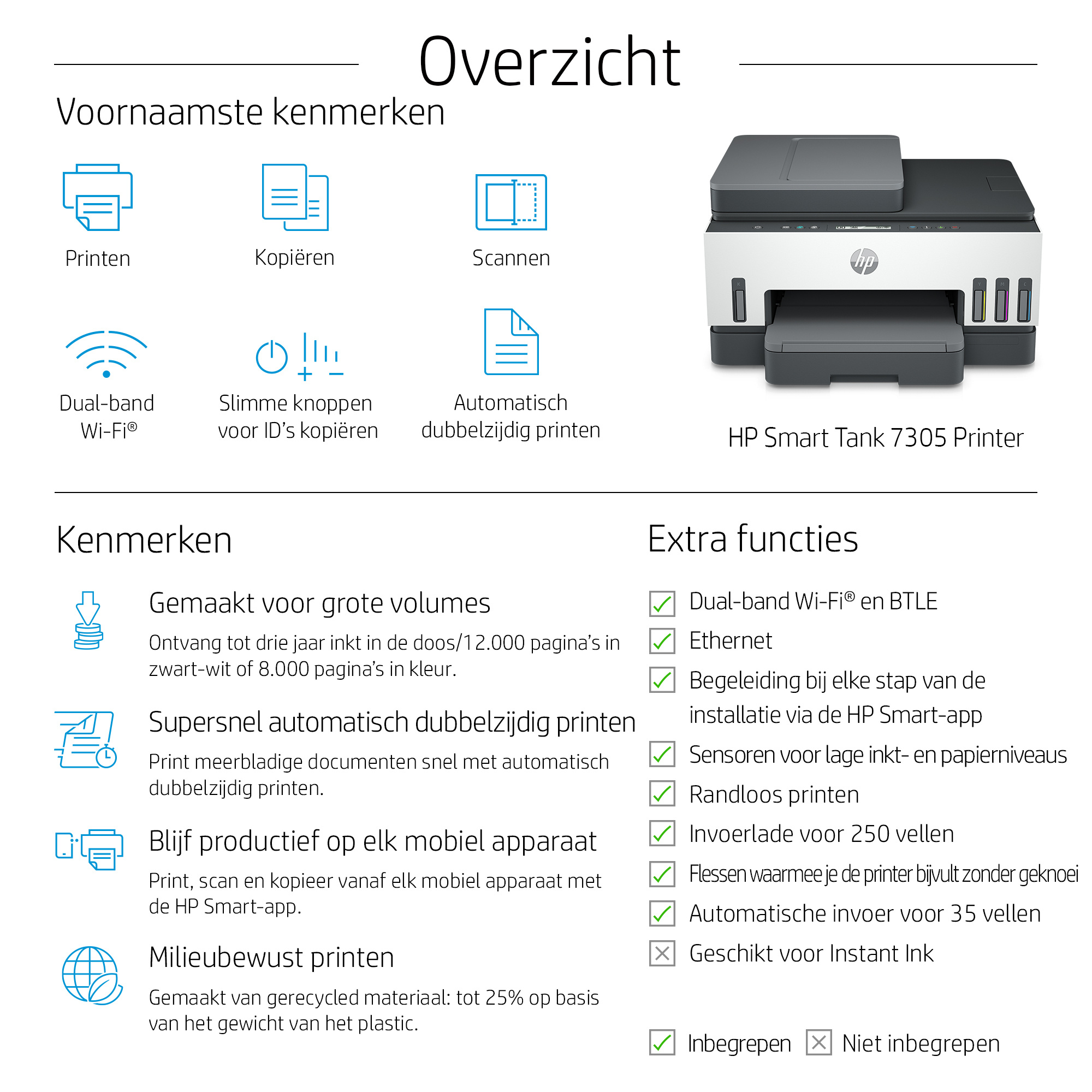 Hewlett & Packard INC. HP Smart Tank 7305 Draadloos All-in-One Kleur Printer, Dubbelzijdig printen; Kopieerapparaat, Scanner