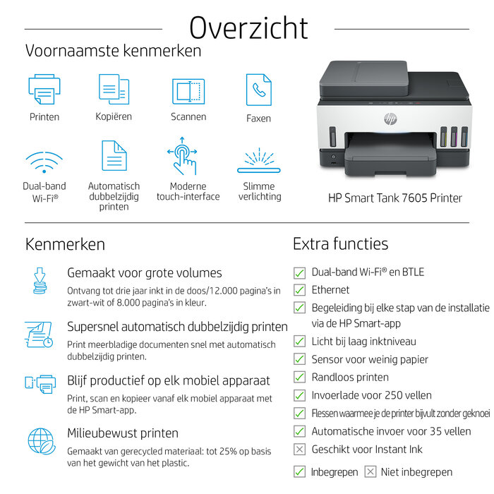 Hewlett & Packard INC. HP Smart Tank 7605 Draadloos All-in-One Kleur Printer, Dubbelzijdig printen; Kopieerapparaat, Scanner