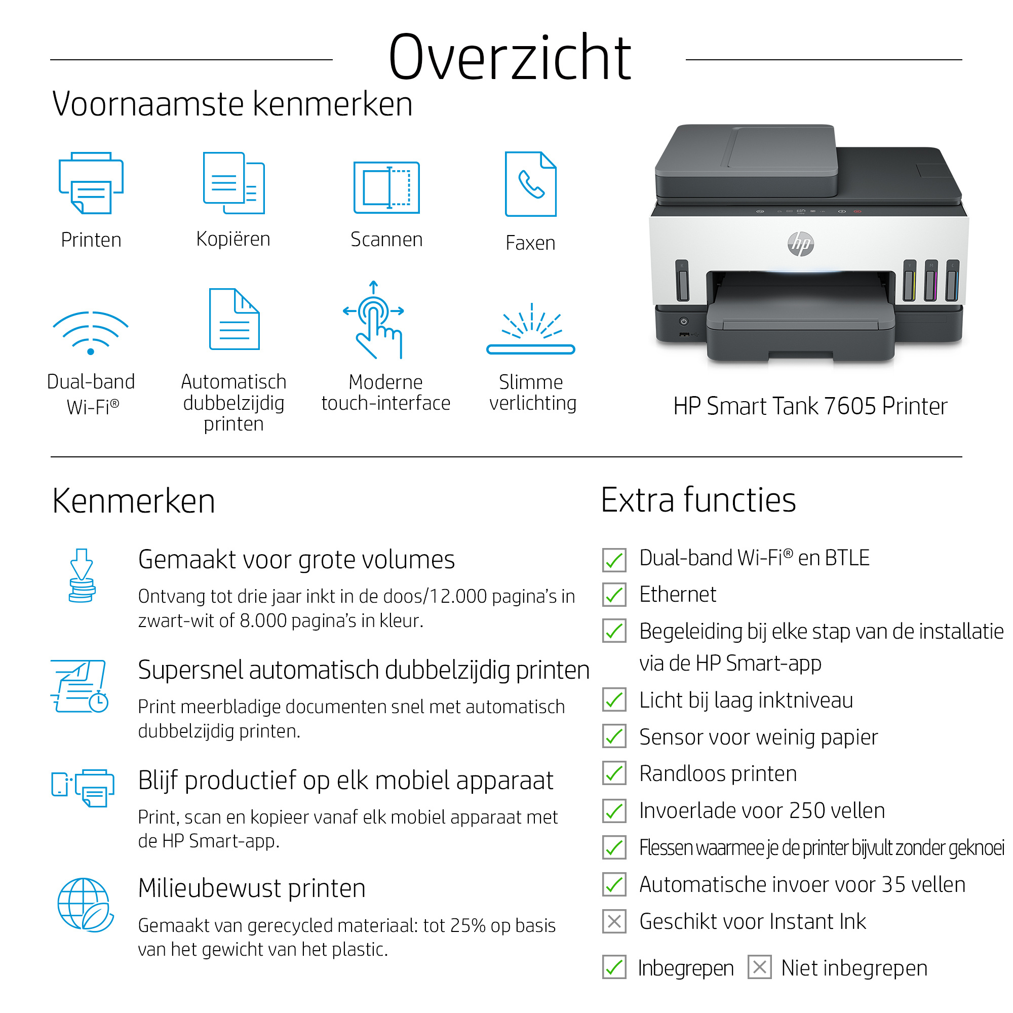 Hewlett & Packard INC. HP Smart Tank 7605 Draadloos All-in-One Kleur Printer, Dubbelzijdig printen; Kopieerapparaat, Scanner