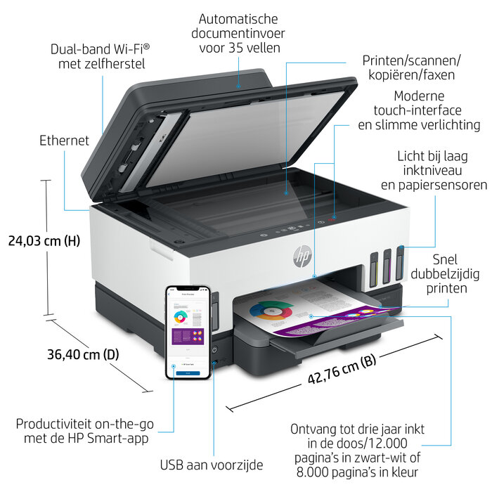 Hewlett & Packard INC. HP Smart Tank 7605 Draadloos All-in-One Kleur Printer, Dubbelzijdig printen; Kopieerapparaat, Scanner