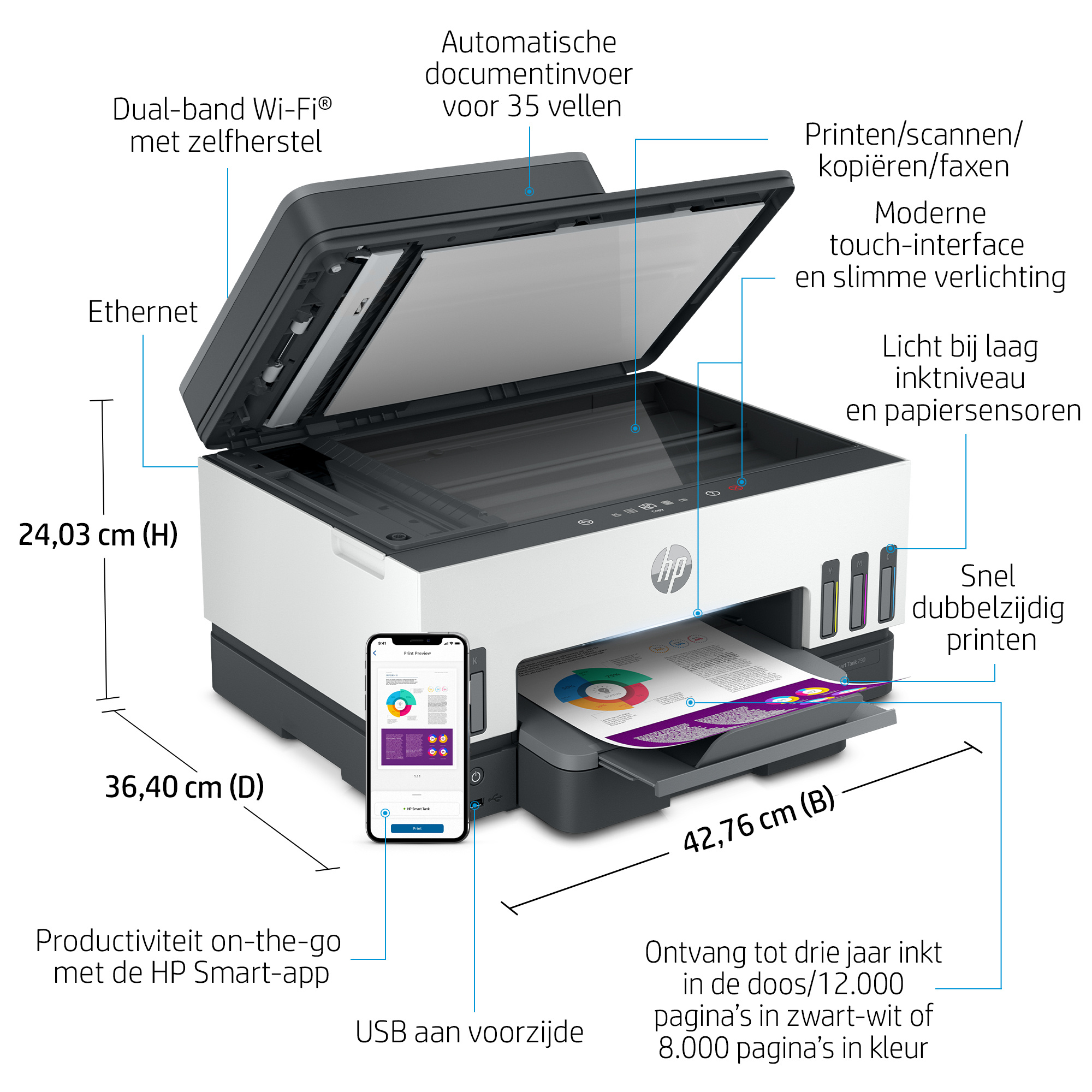 Hewlett & Packard INC. HP Smart Tank 7605 Draadloos All-in-One Kleur Printer, Dubbelzijdig printen; Kopieerapparaat, Scanner