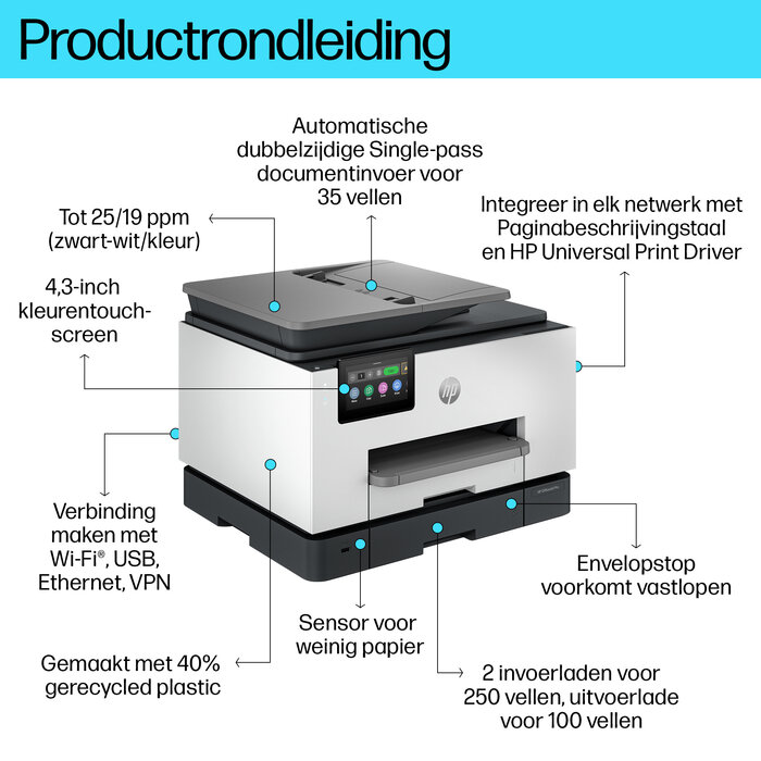 Hewlett & Packard INC. HP OfficeJet Pro 9130b Draadloos All-in-One Kleur Printer, Dubbelzijdig printen; Kopieerapparaat, Scanner