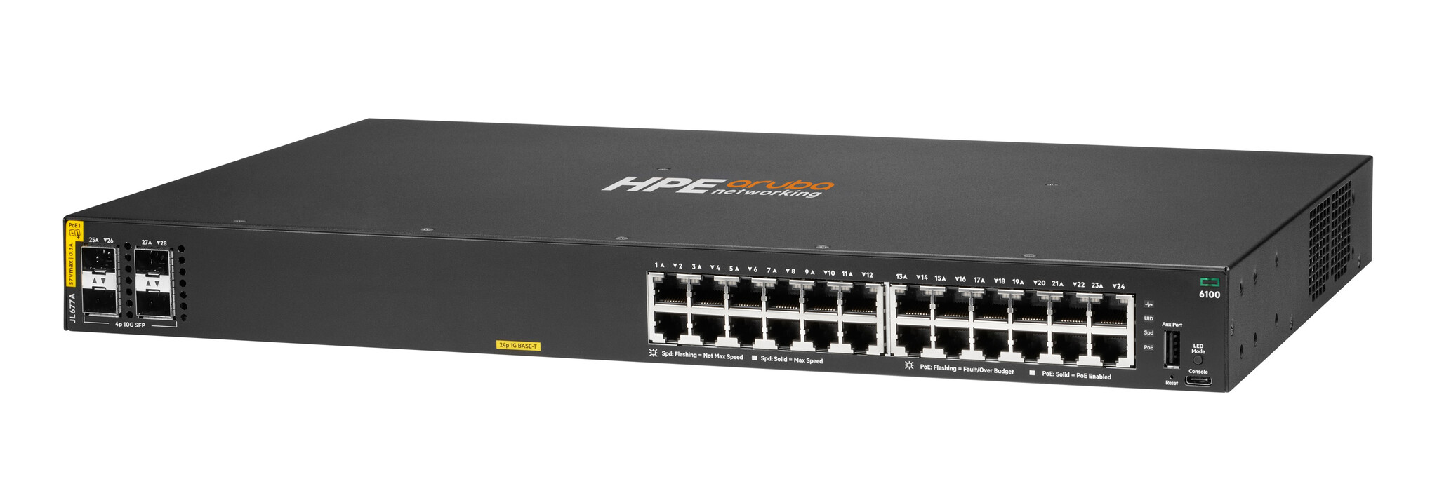 HP Enterprise HPE Aruba Networking CX 6100 24G Class4 PoE 4SFP+ 370W Switch Managed L3 Gigabit Ethernet (10/100/1000) Power over Ethernet (PoE) 1U Zwart