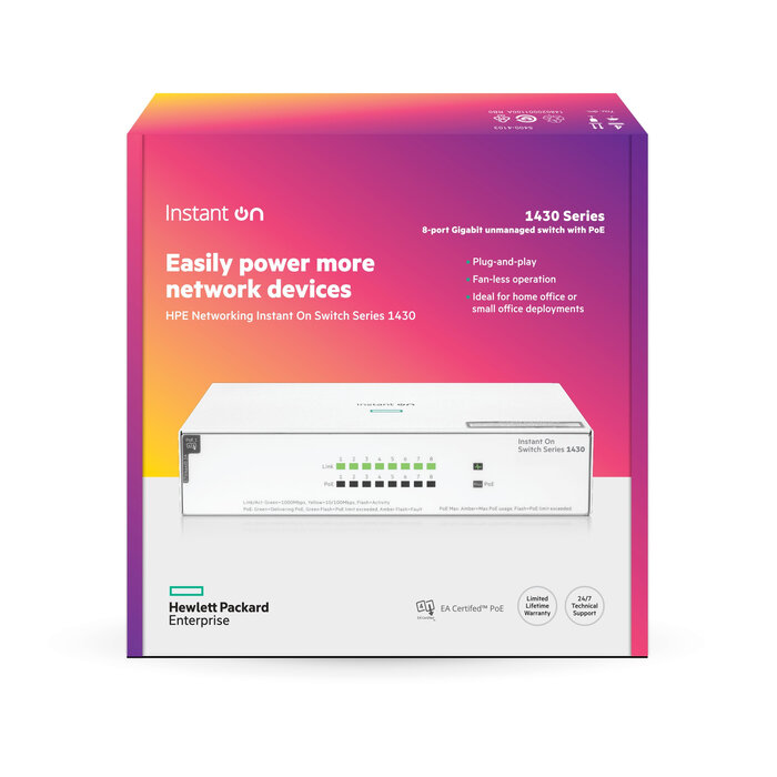 HP Enterprise HPE Aruba Networking Networking Instant On Switch 8p Gigabit CL4 PoE 64W 1430 Unmanaged L2 Gigabit Ethernet (10/100/1000) Power over Ethernet (PoE) Wit