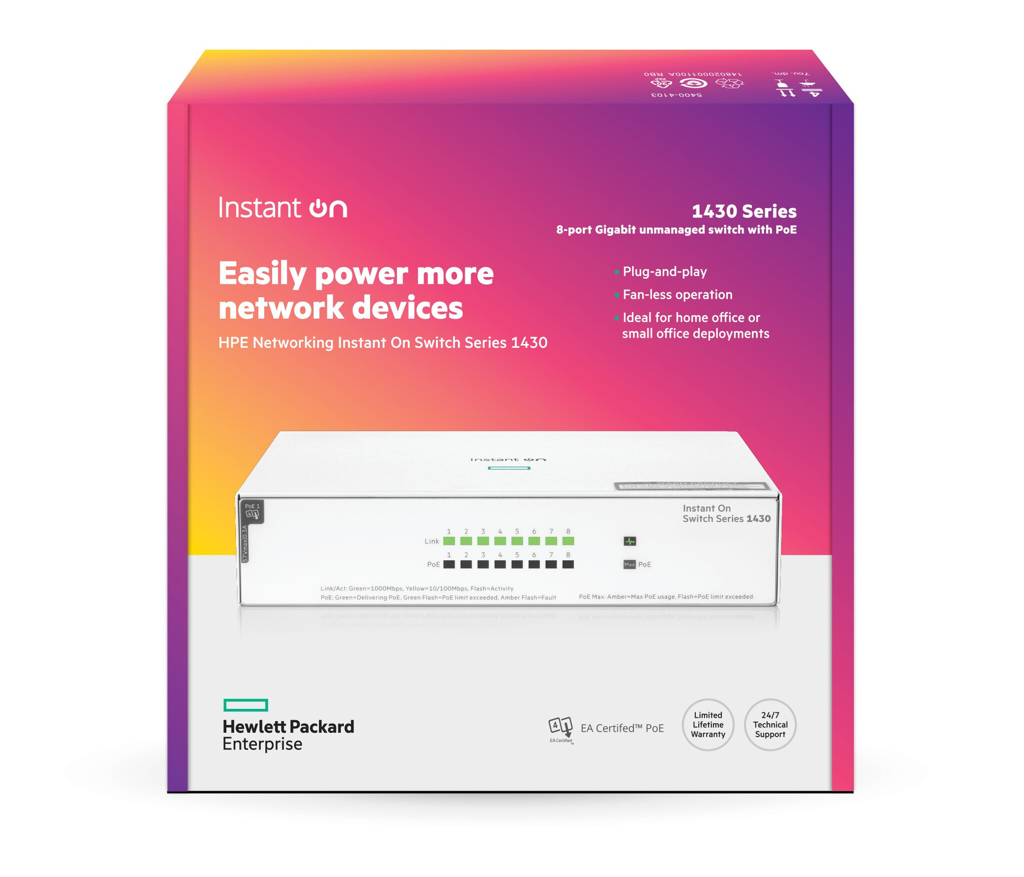 HP Enterprise HPE Aruba Networking Networking Instant On Switch 8p Gigabit CL4 PoE 64W 1430 Unmanaged L2 Gigabit Ethernet (10/100/1000) Power over Ethernet (PoE) Wit